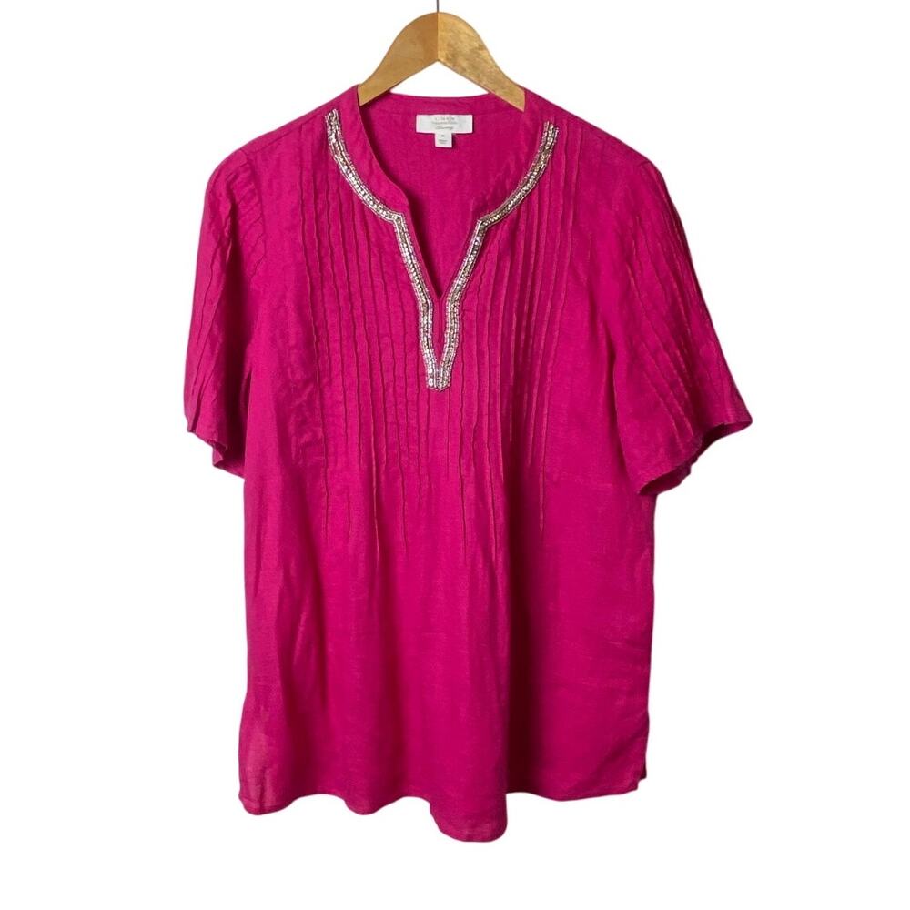 Charter Club Luxury Magenta Linen Beaded Neckline Pintuck Blouse Size Medium